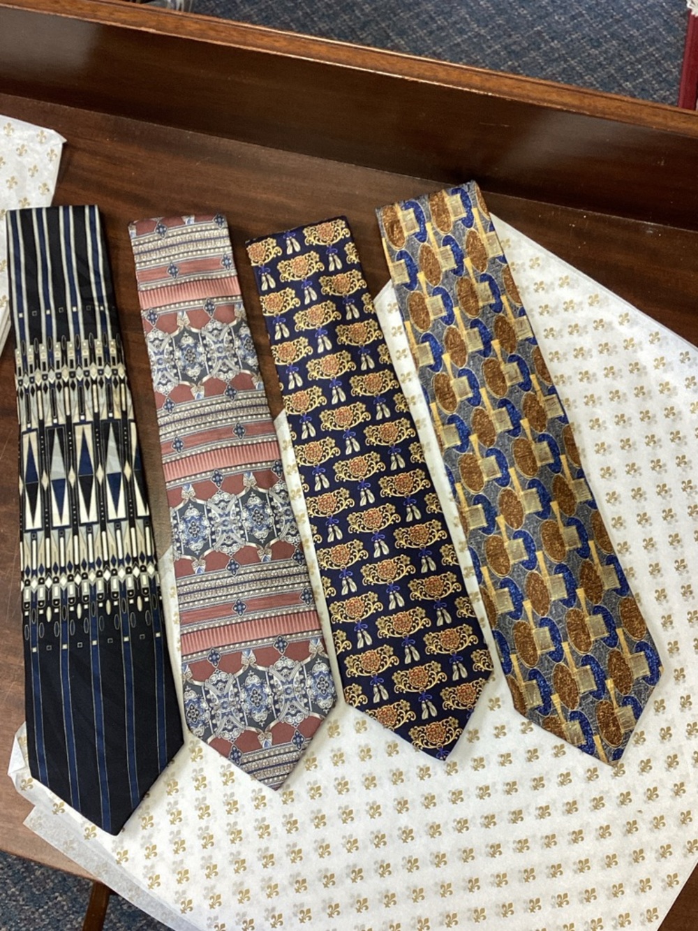 Halston Heritage Men’s Patterned Ties in Navy, Blue, Gold, Brown
